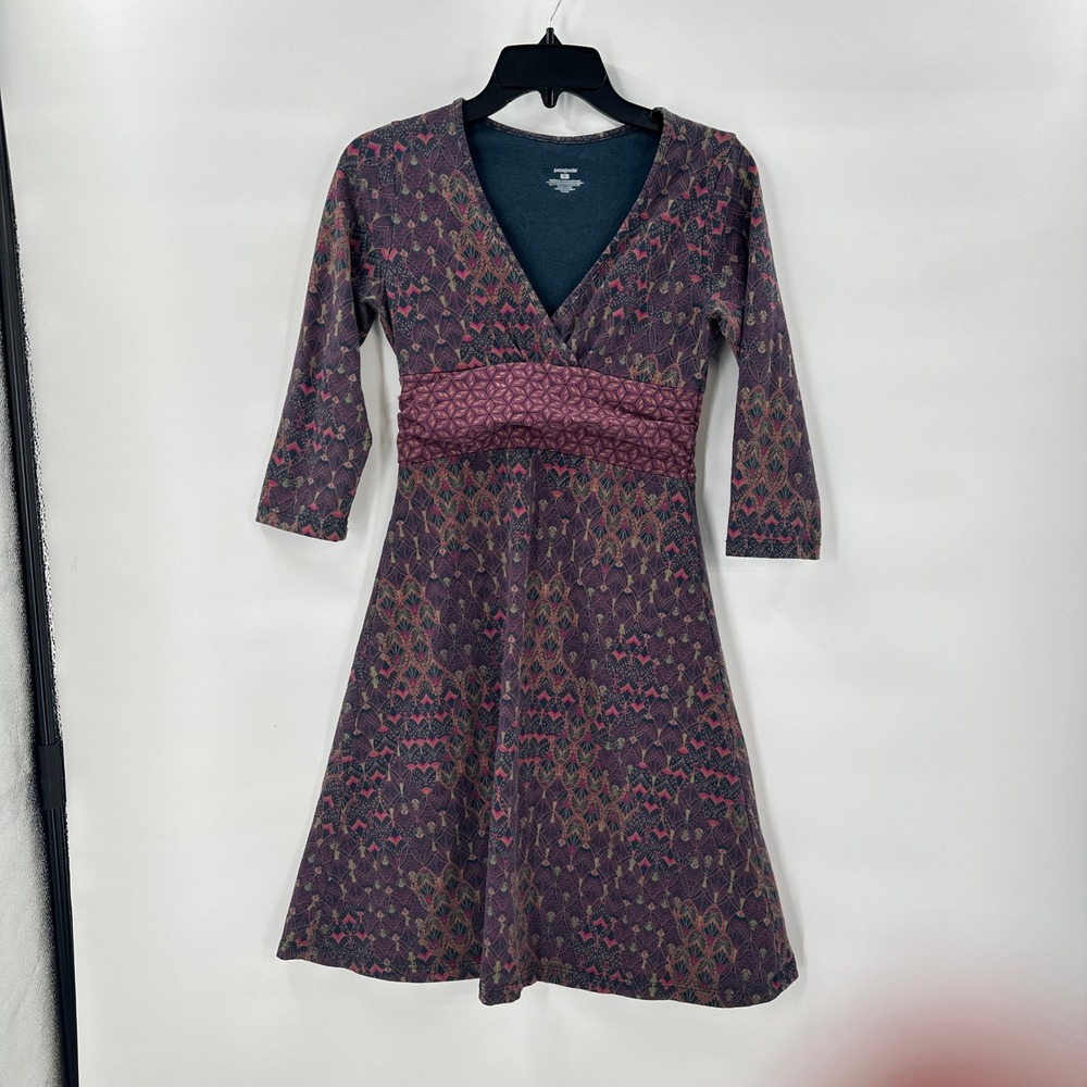 Patagonia Womens Dress Small Boho Organic Cotton Blend Wrap V Neck 3/4 Sleeve